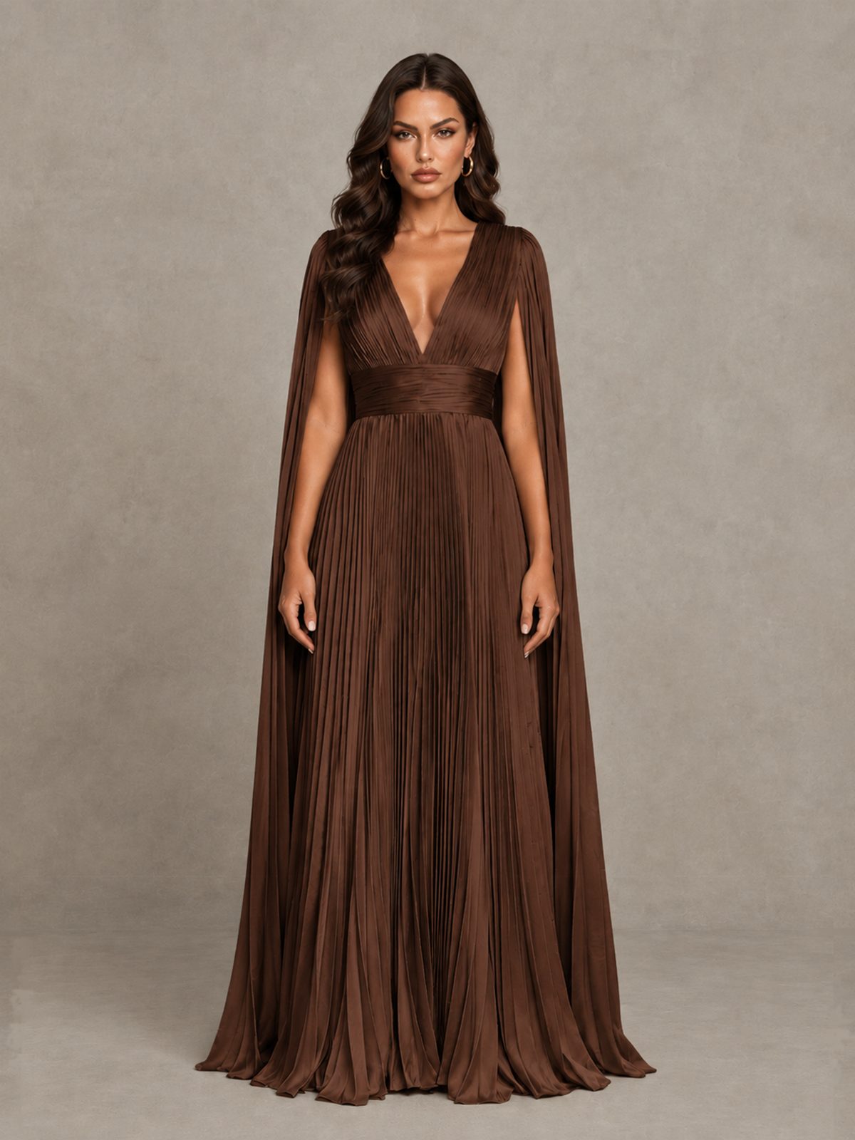BOLODOO Brown Deep V-Neck Pleated Cape Sleeve Evening Gown - Brown - Brown_1