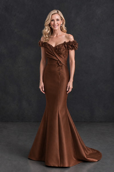 BOLODOO Brown Off-Shoulder Floral Mermaid Mother of the Bride Dress - Brown - Brown_1