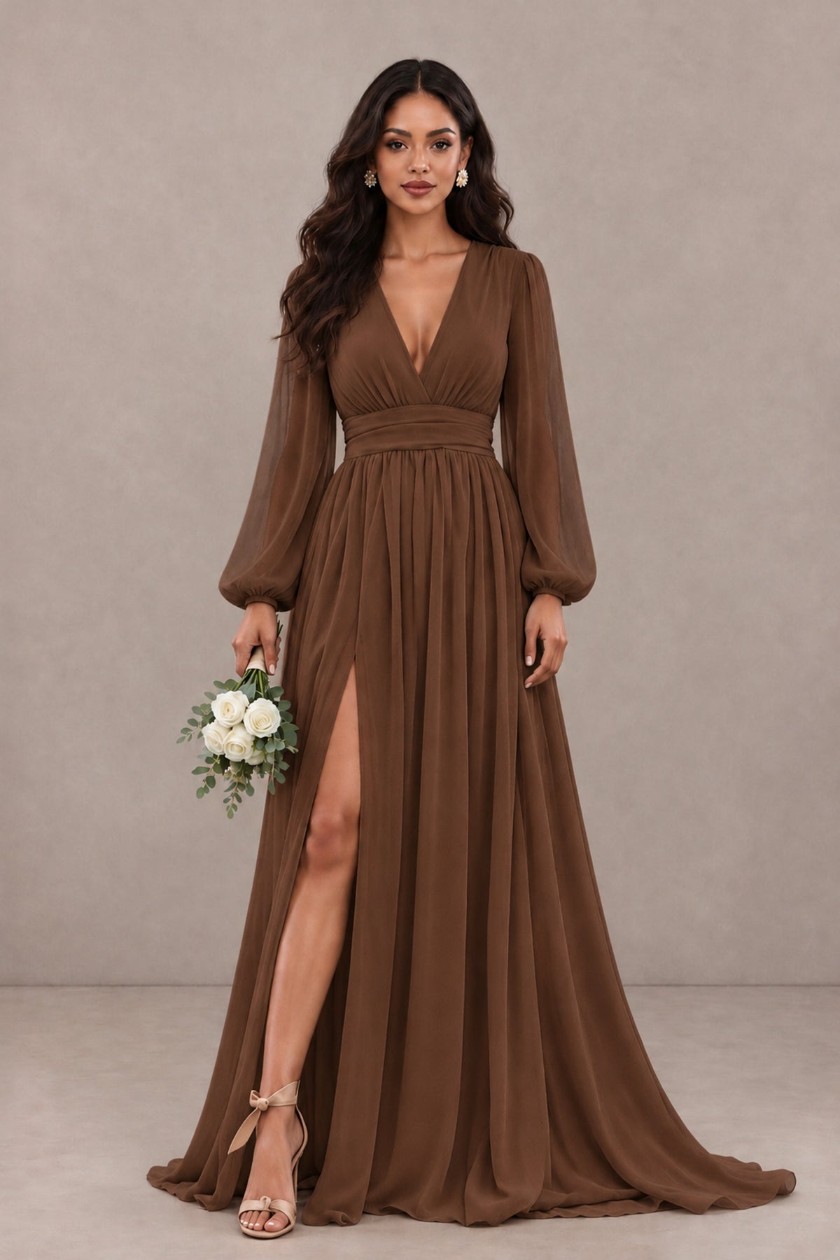 BOLODOO Brown Long Sleeve V-Neck A-Line Gown with Open Back & Slit - Brown - Brown_1