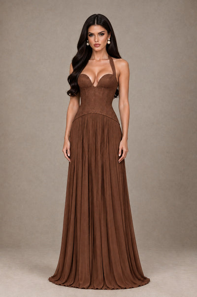 BOLODOO Brown Halter Corset Pleated A-Line Evening Dress - Brown - Brown_1