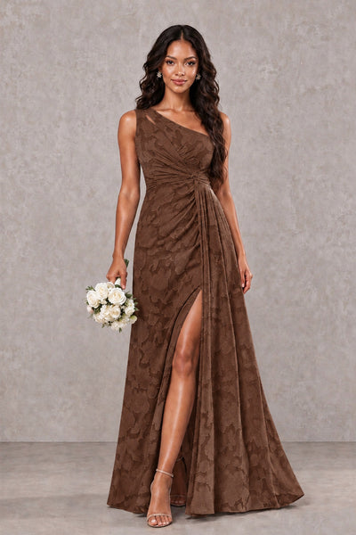 BOLODOO Brown One-Shoulder Floral Textured Maxi Dress with High Slit - Brown - Brown_1