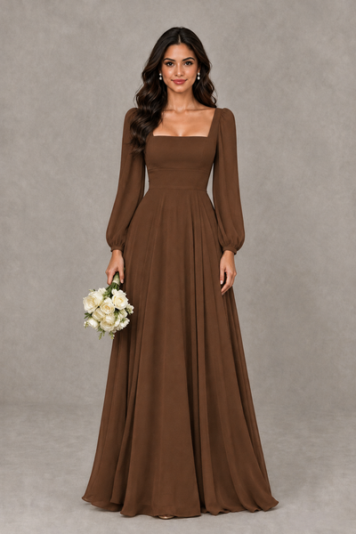 BOLODOO Brown Square Neck Long Sleeve A-Line Bridesmaid Dress - Brown - Brown_1
