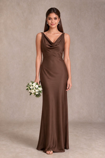 BOLODOO Brown Cowl Neck Open Back Satin Bridesmaid Dress - Brown - Brown_1