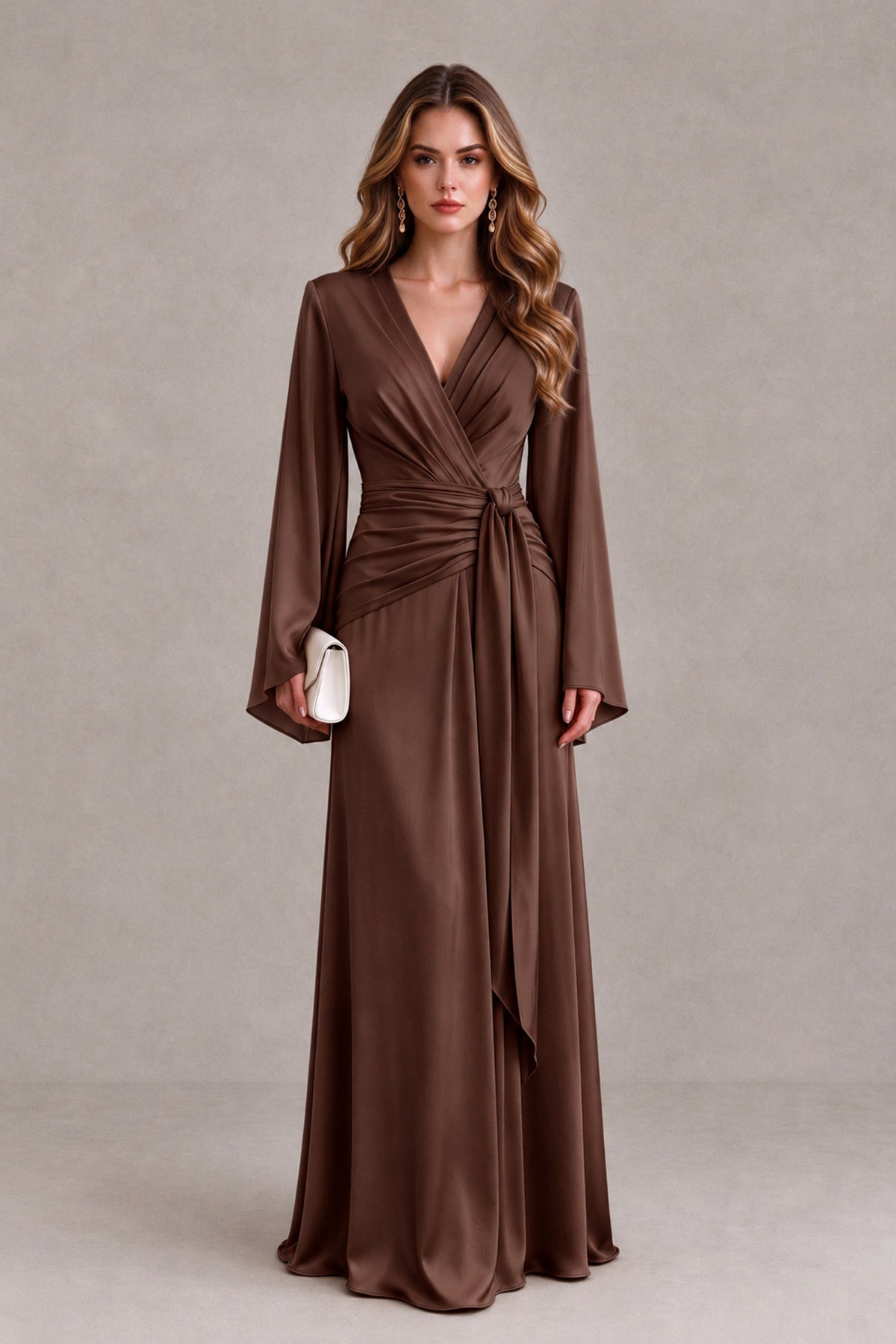 BOLODOO Brown Yellow Satin-Look V-Neck Long Bell Sleeve Evening Dress - Brown - Brown_1