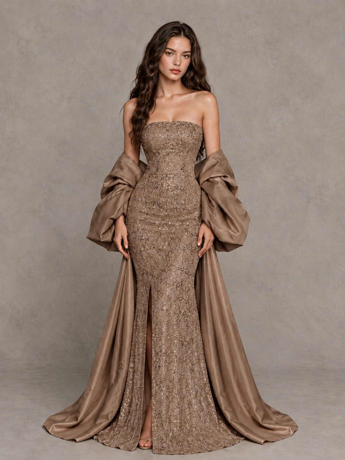 BOLODOO Brown Strapless Sparkle Mermaid Prom Dress with Front Slit and Draped Sleeves - Brown - Brown_1