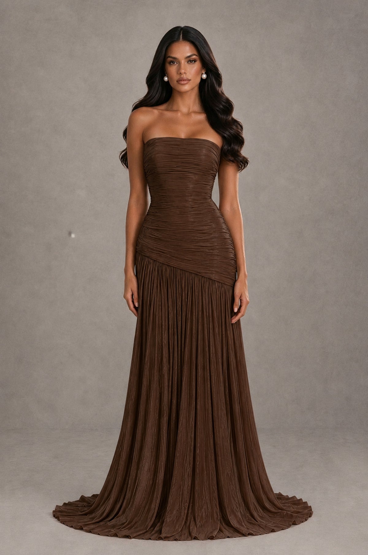 BOLODOO Brown Metallic Ruched Strapless Pleated A-Line Backless Maxi Dress with Train - Brown - Brown_1