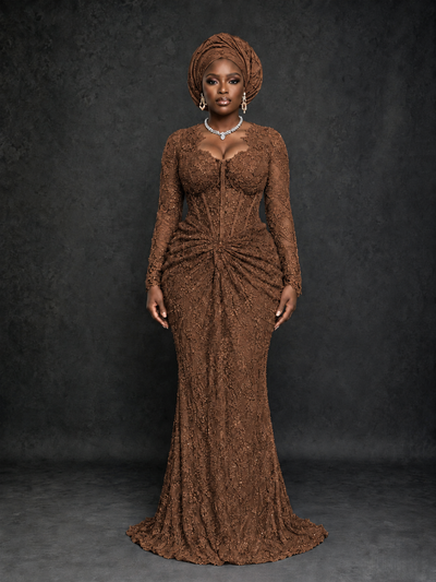 BOLODOO Brown Beaded Lace Long Sleeve Mermaid Gown Sweetheart | Mother of the Bride - Brown - Brown_1