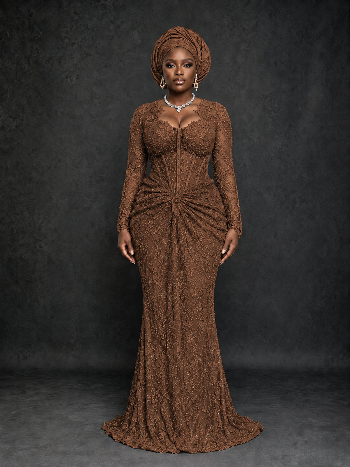 BOLODOO Brown Beaded Lace Long Sleeve Mermaid Gown Sweetheart | Mother of the Bride - Brown - Brown_1