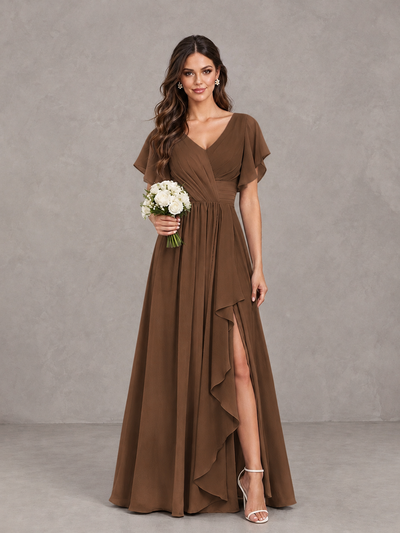 BOLODOO Brown Flutter Sleeve V-Neck Bridesmaid Dress with Ruffle Slit - Brown - Brown_1