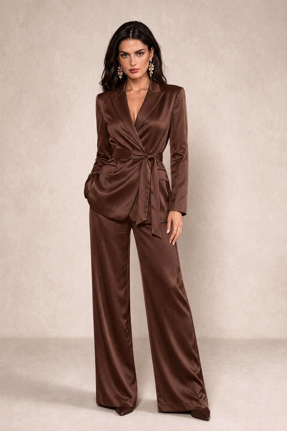 BOLODOO Brown Satin Wrap Blazer Wide-Leg Pants Two-Piece Suit Set – Evening Gala Wedding Guest - Brown - Brown_1