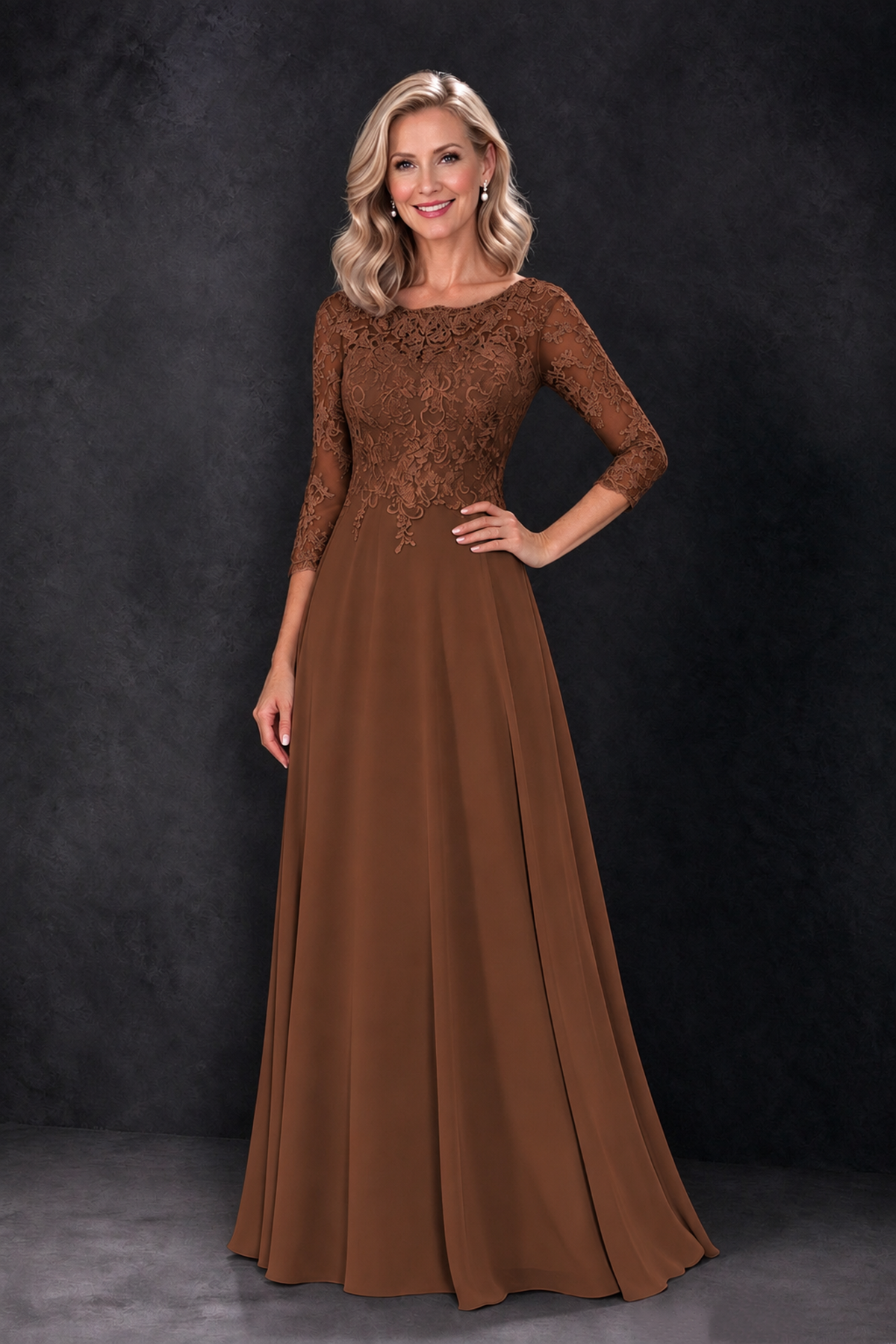 BOLODOO Brown Lace Embroidered Mother of the Bride Dress with 3/4 Sleeves - Brown - Brown_1
