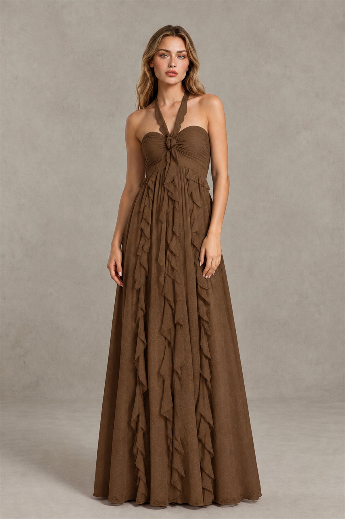 BOLODOO Brown Halter Ruffle A-Line Floor-Length Evening Dress - Brown - Brown_1