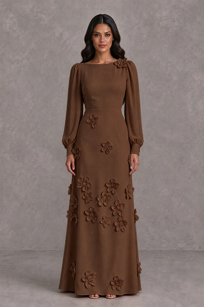 BOLODOO Brown Long Sleeve Floral Applique A-Line Evening Dress - Brown - Brown_1