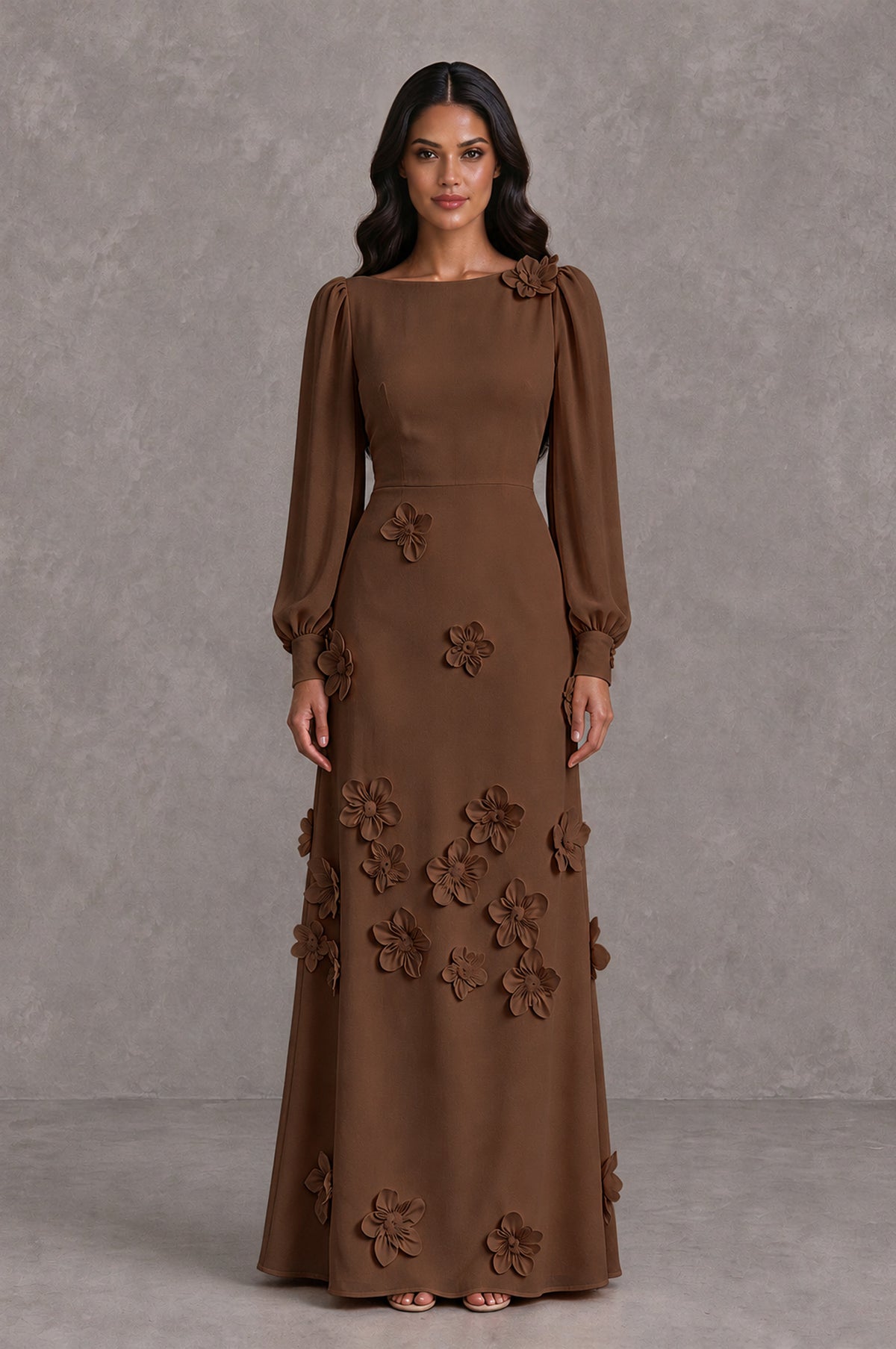 BOLODOO Brown Long Sleeve Floral Applique A-Line Evening Dress - Brown - Brown_1