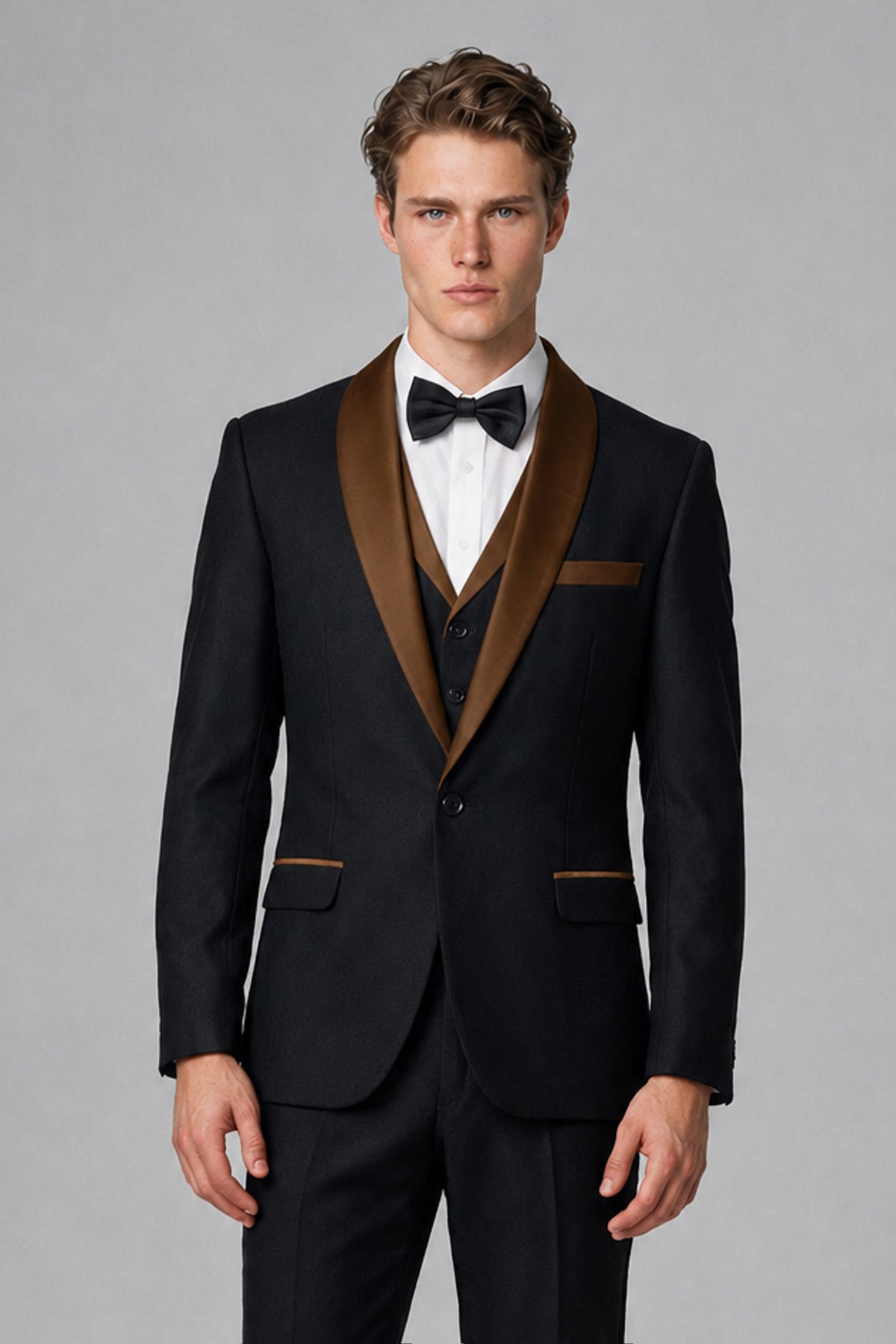 Bolodoo Men's Brown 3-Piece Shawl Lapel Tuxedo Suit - Brown - Brown_1
