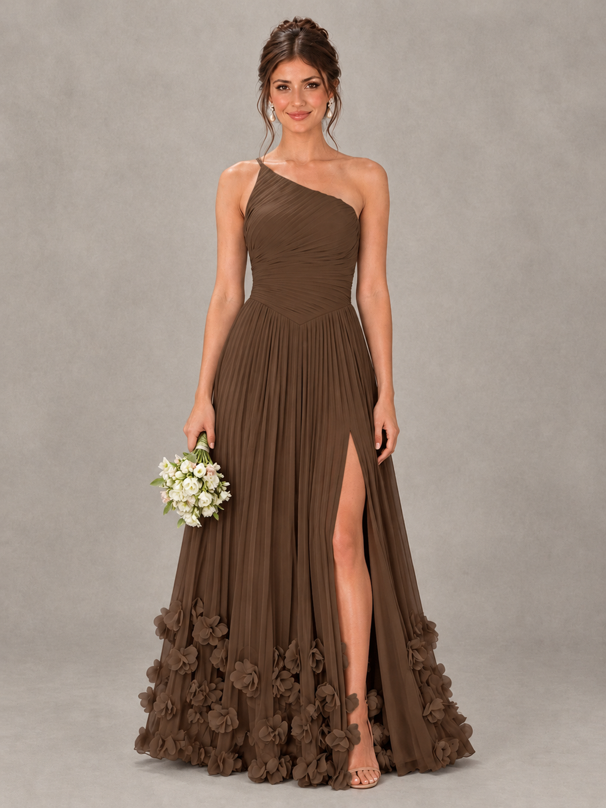 BOLODOO Brown One-Shoulder Pleated Bridesmaid Dress with 3D Floral Hem - Brown - Brown_1