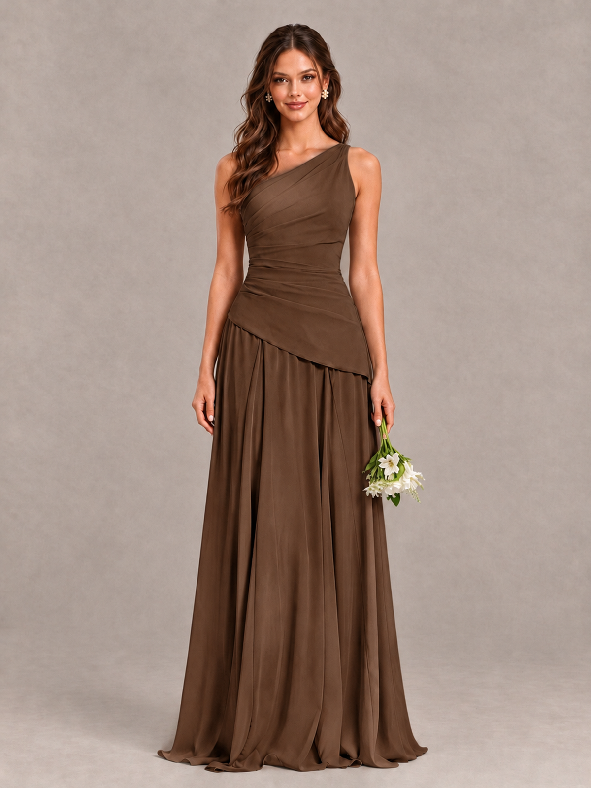 BOLODOO Brown One-Shoulder Lace-Up Back Bridesmaid Dress - Brown - Brown_1