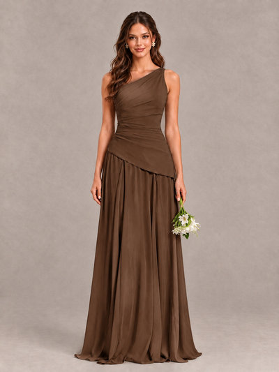 BOLODOO Brown One-Shoulder Lace-Up Back Bridesmaid Dress - Brown - Brown_1