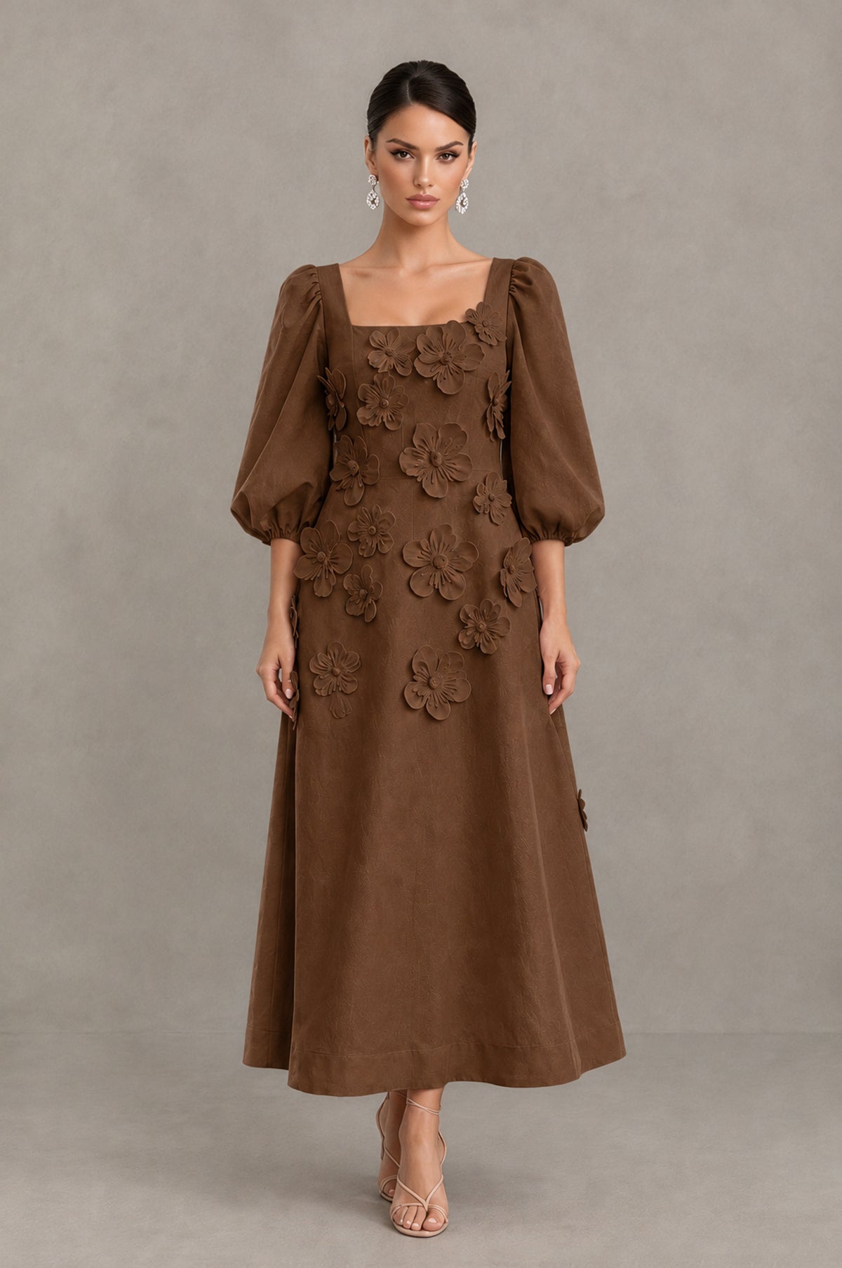 BOLODOO Brown 3D Floral Puff Sleeve Midi Cocktail Dress - Brown - Brown_1