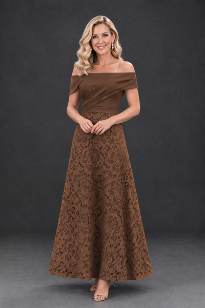 BOLODOO Brown Off-the-Shoulder Floral A-Line Mother of the Bride Dress - Brown - Brown_1
