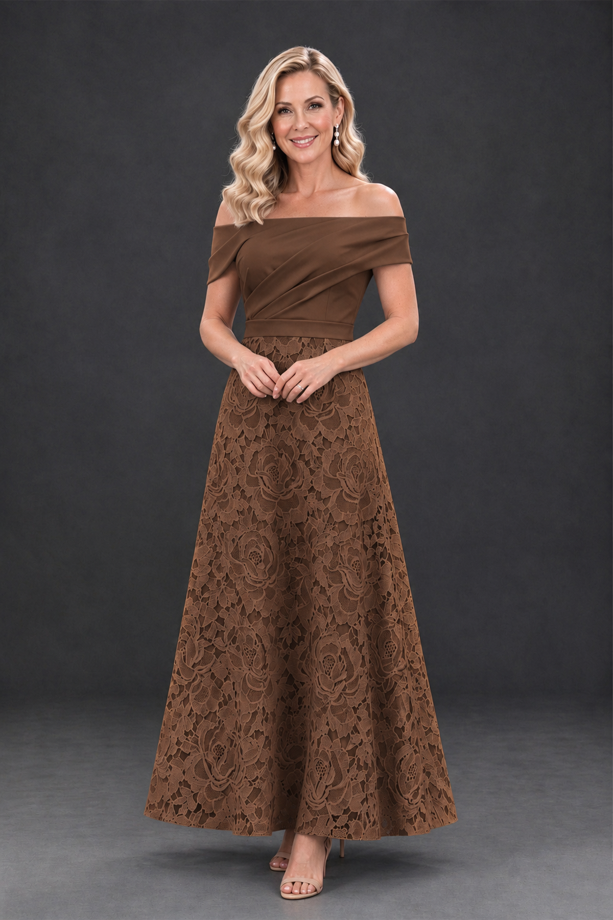 BOLODOO Brown Off-the-Shoulder Floral A-Line Mother of the Bride Dress - Brown - Brown_1