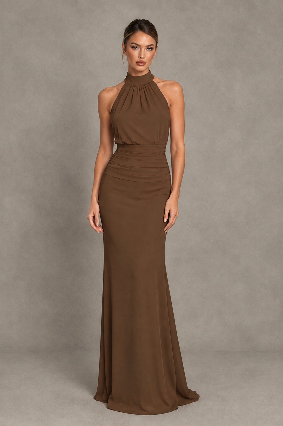 BOLODOO Brown Chiffon Halter Maxi Formal Wedding Guest Dress - Brown - Brown_1