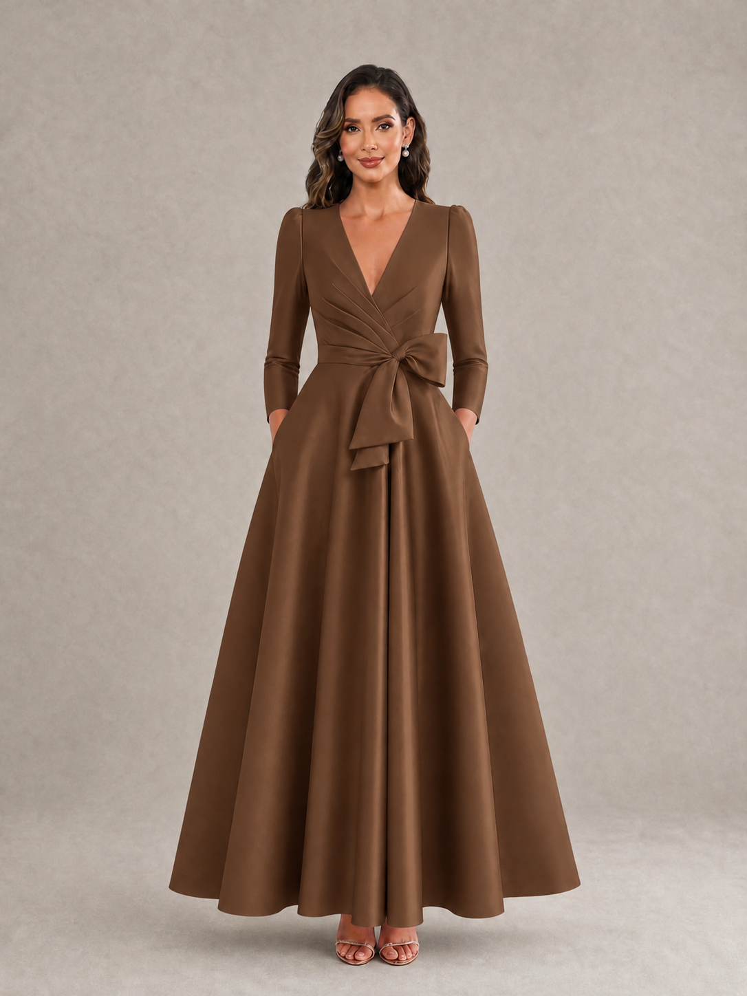 BOLODOO Brown Satin Deep V-Neck Wrap 3/4 Puff Sleeve A-Line Ball Gown Maxi Dress with Oversized Bow Belt - Brown