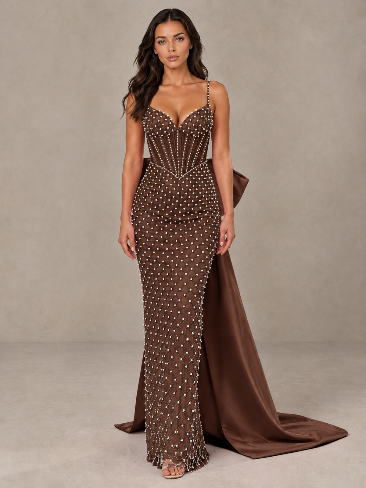 BOLODOO Brown Beaded Corset Prom Dress with Bow Train - Brown - Brown_1