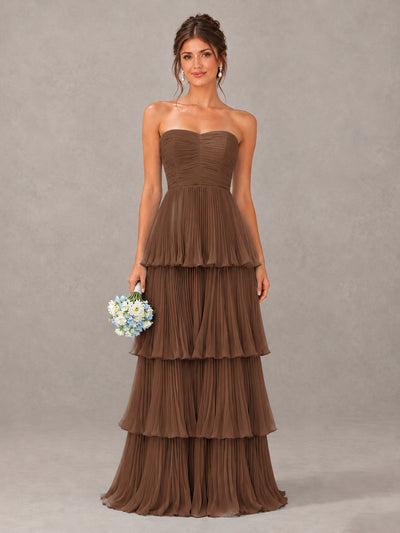 BOLODOO Brown Strapless Tiered Pleated Bridesmaid Dress - Brown - Brown_1
