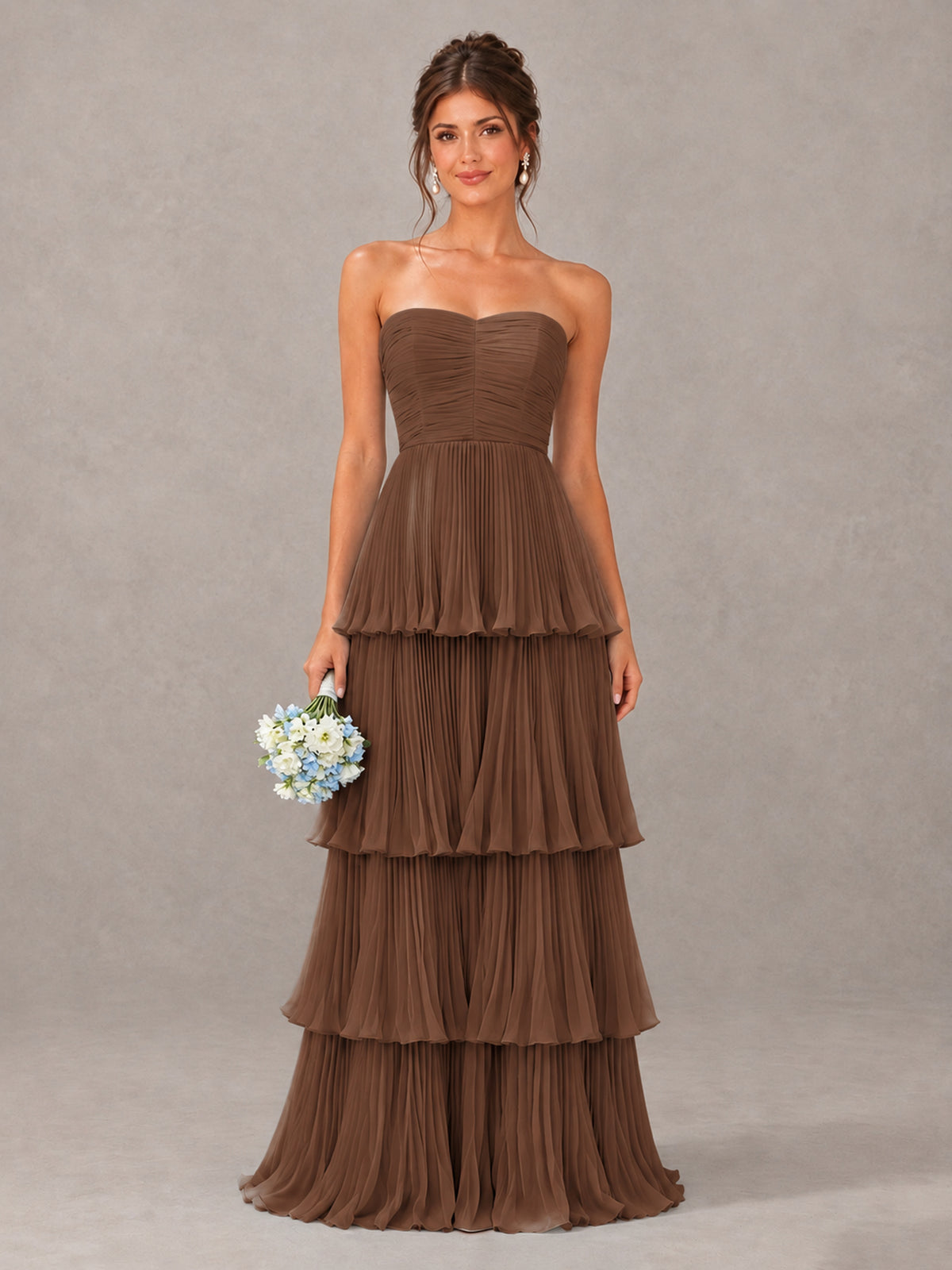 BOLODOO Brown Strapless Tiered Pleated Bridesmaid Dress - Brown - Brown_1