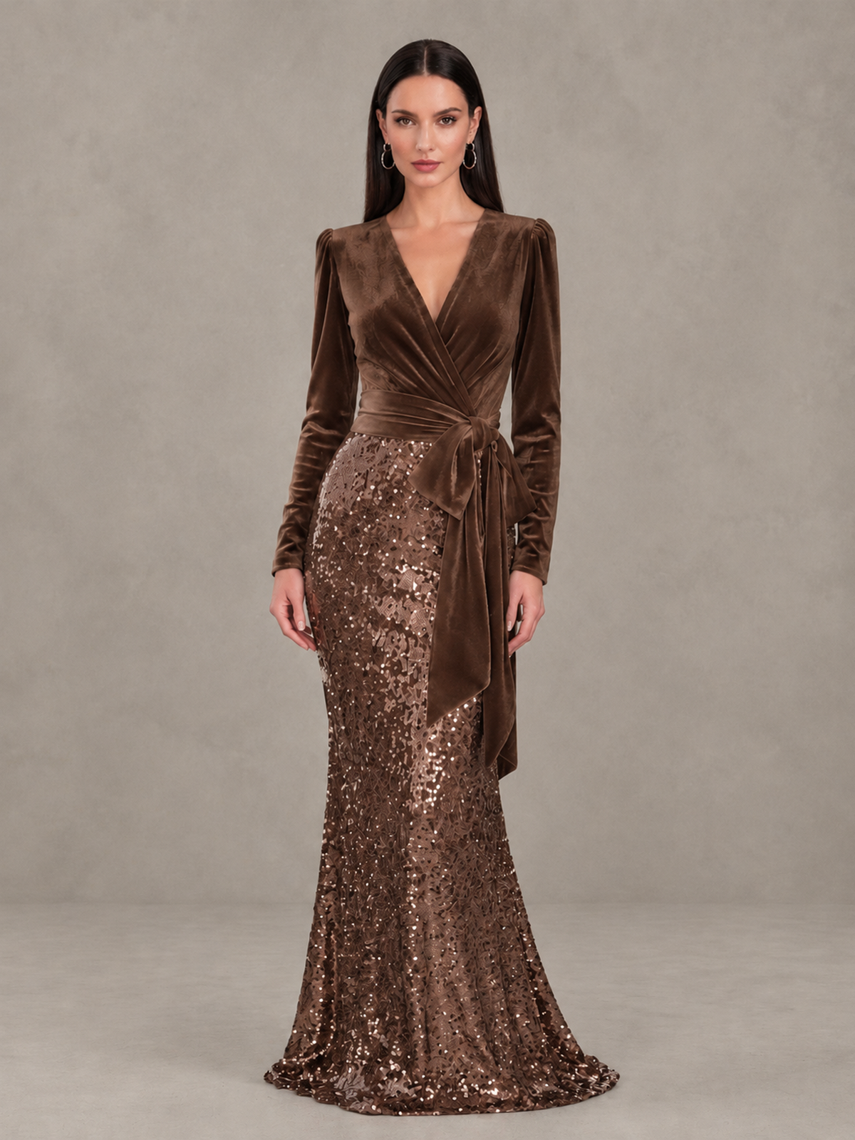 BOLODOO Brown Velvet & Sequin Long Sleeve V-Neck Mermaid Evening Gown - Brown - Brown_1