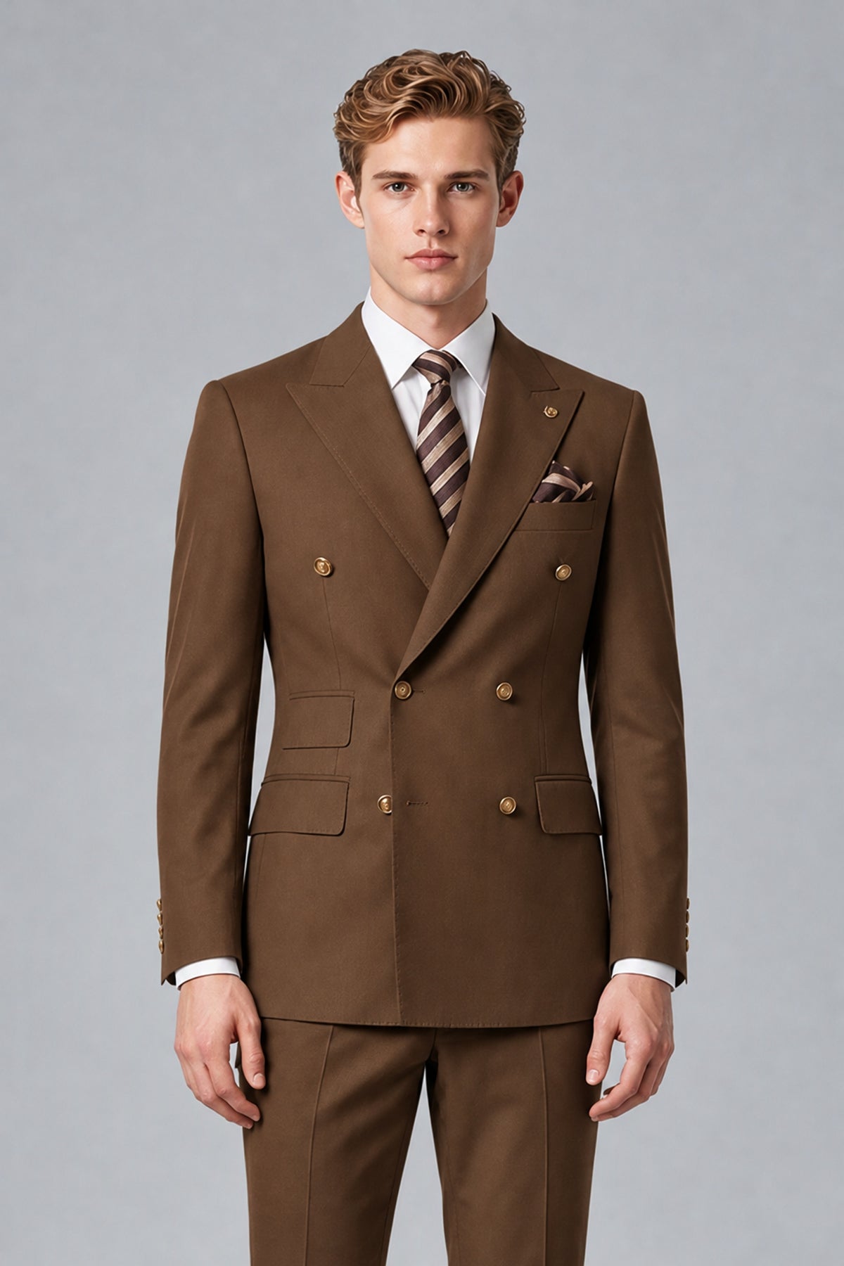 Bolodoo Men's Brown Double-Breasted 2-Piece Wedding Suit - Brown - Brown_1