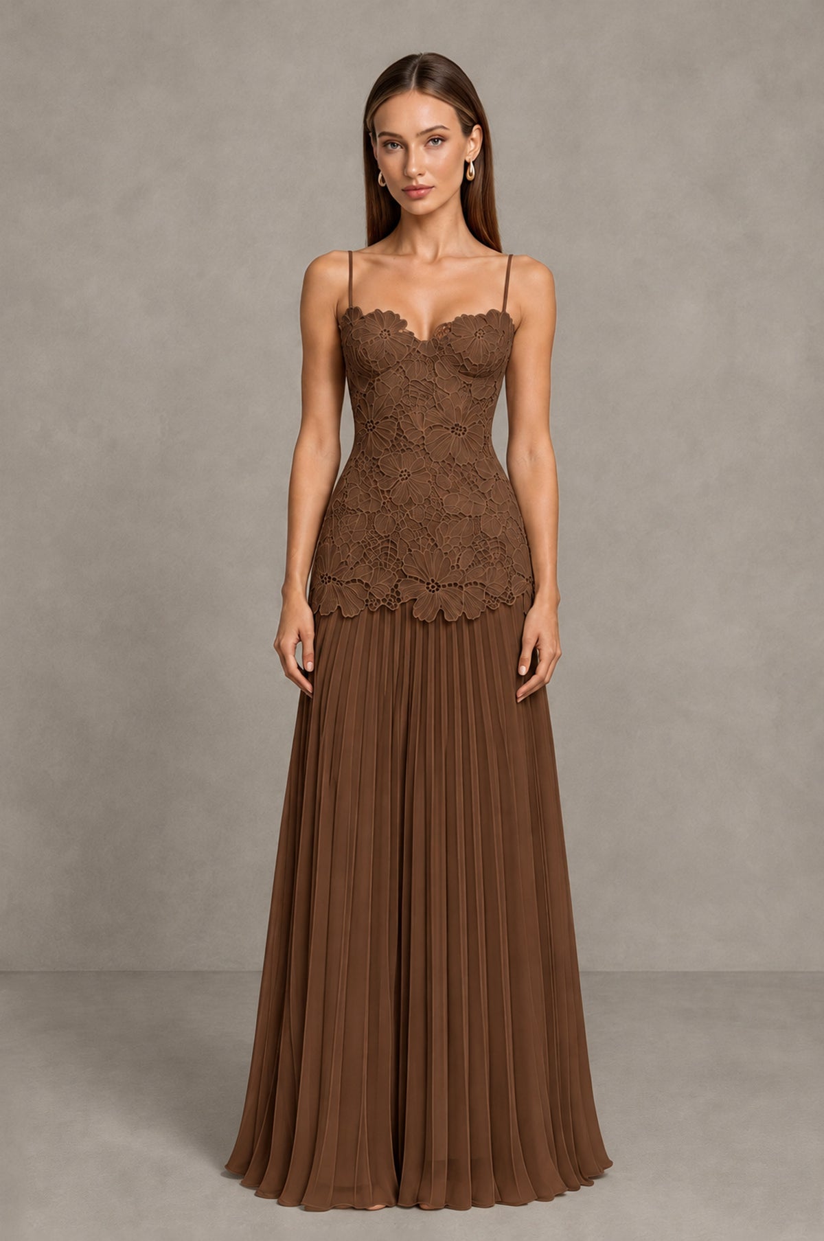 BOLODOO Brown Lace Bodice Pleated Wedding Guest Dress - Brown - Brown_1
