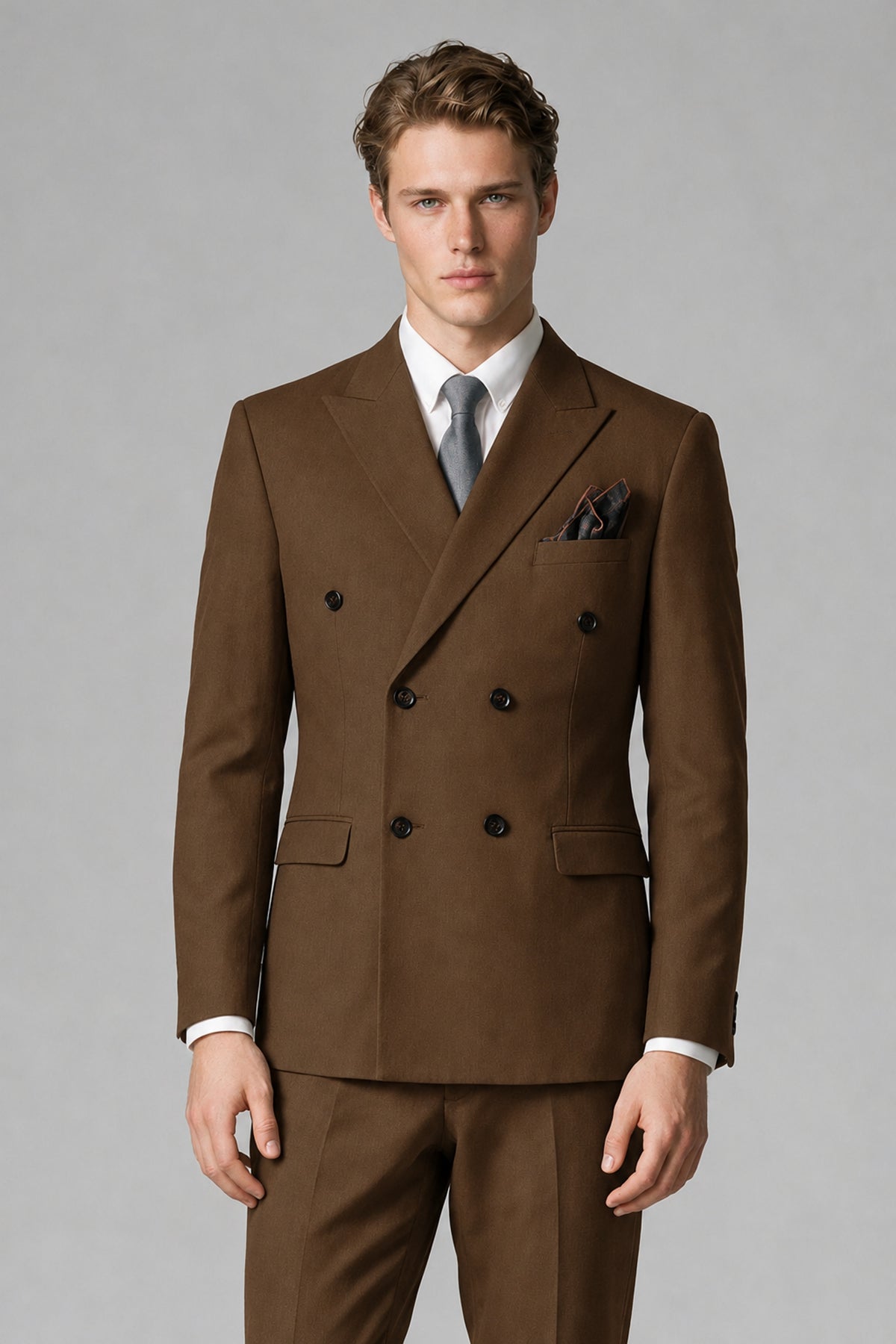 Bolodoo Men's Brown Double-Breasted Two-Piece Suit with Peak Lapels - Brown - Brown_1