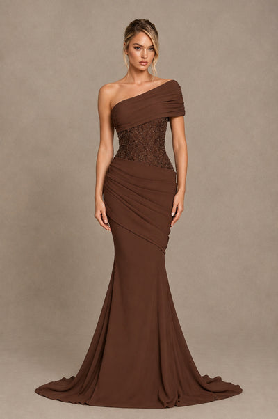 BOLODOO Brown One-Shoulder Sequin Embroidered Ruched Mermaid Gown with Train - Brown - Brown_1