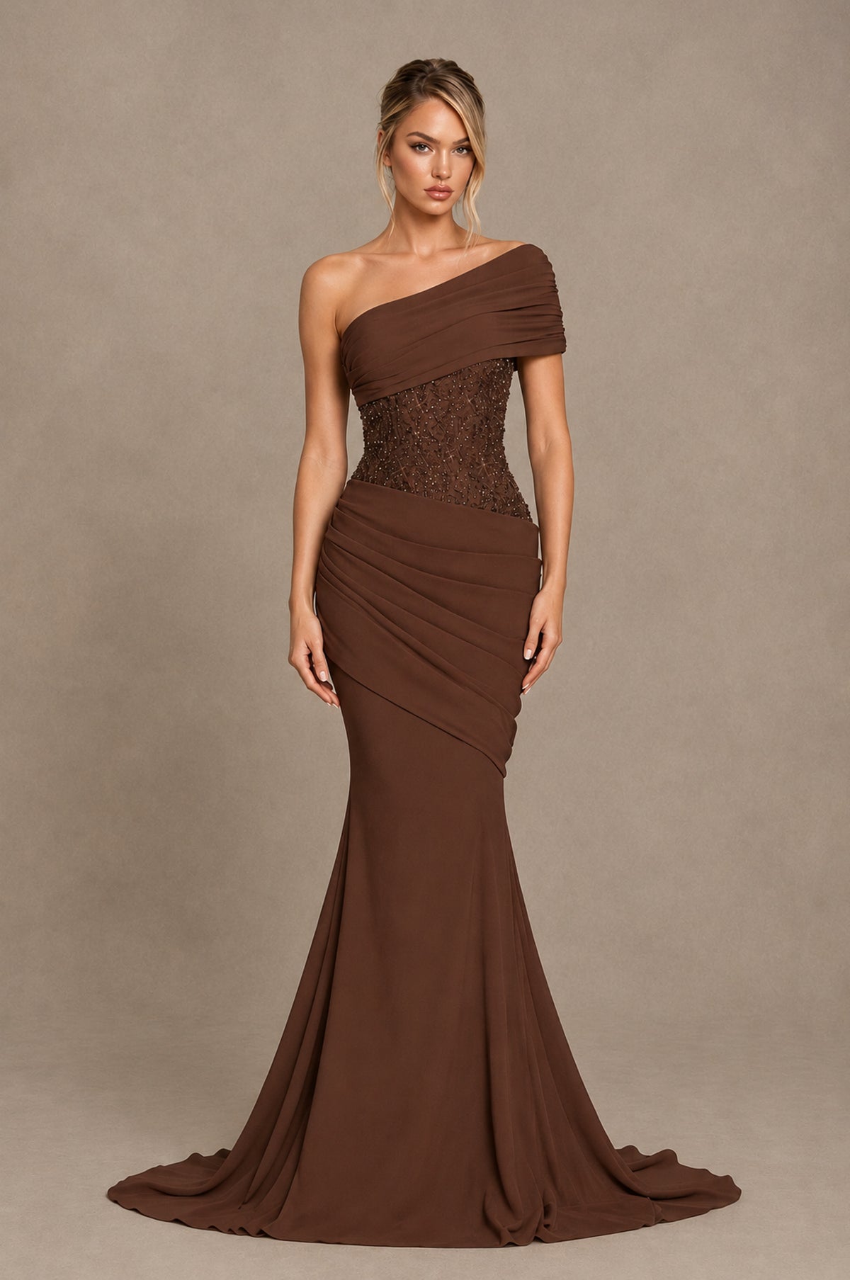 BOLODOO Brown One-Shoulder Sequin Embroidered Ruched Mermaid Gown with Train - Brown - Brown_1
