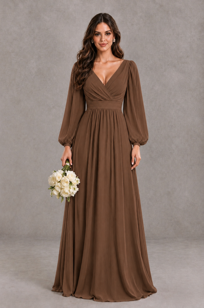 BOLODOO Brown Long Sleeve V-Neck A-Line Bridesmaid Dress - Brown - Brown_1