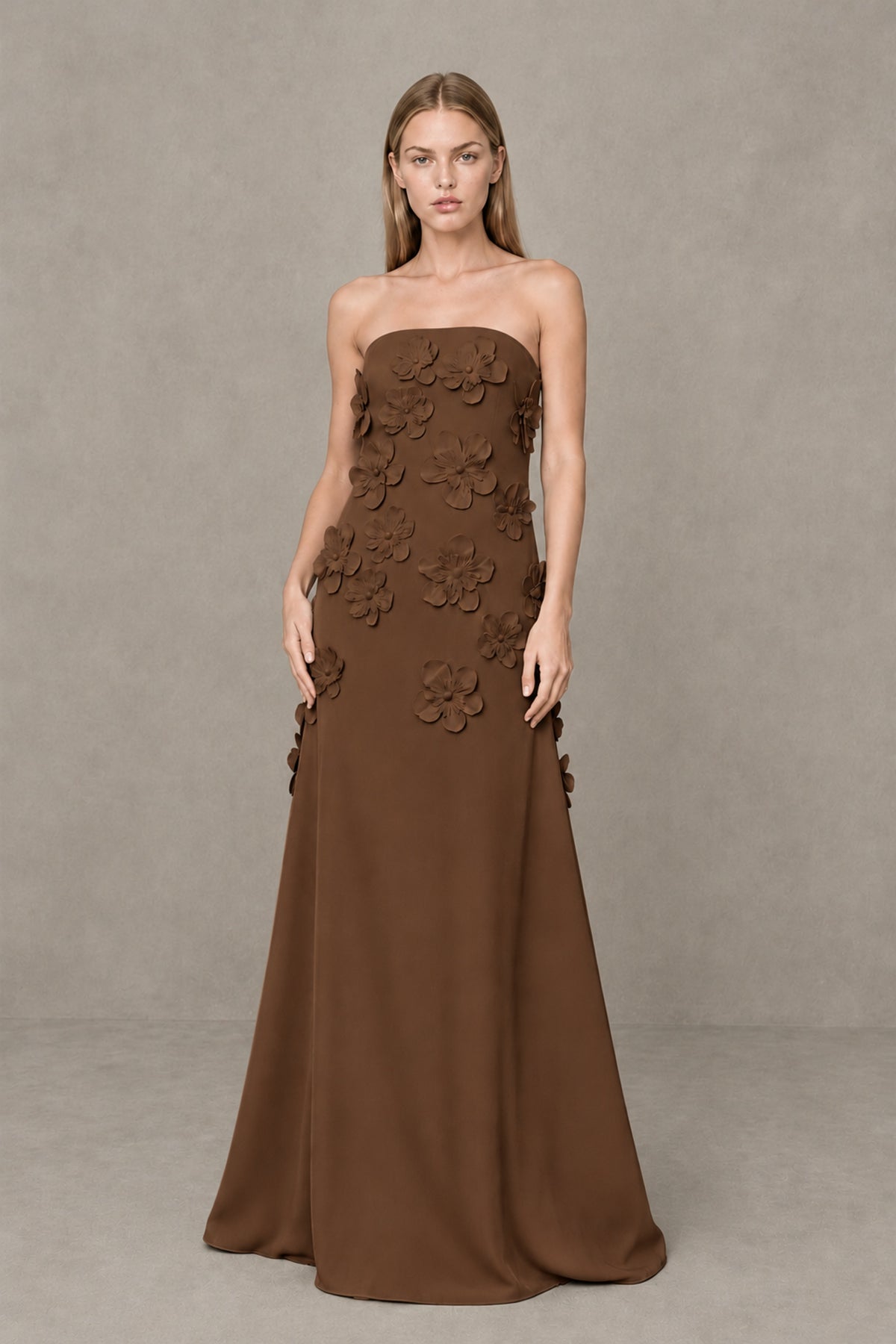BOLODOO Brown Strapless 3D Floral Appliqué Crepe Maxi Gown - Brown - Brown_1