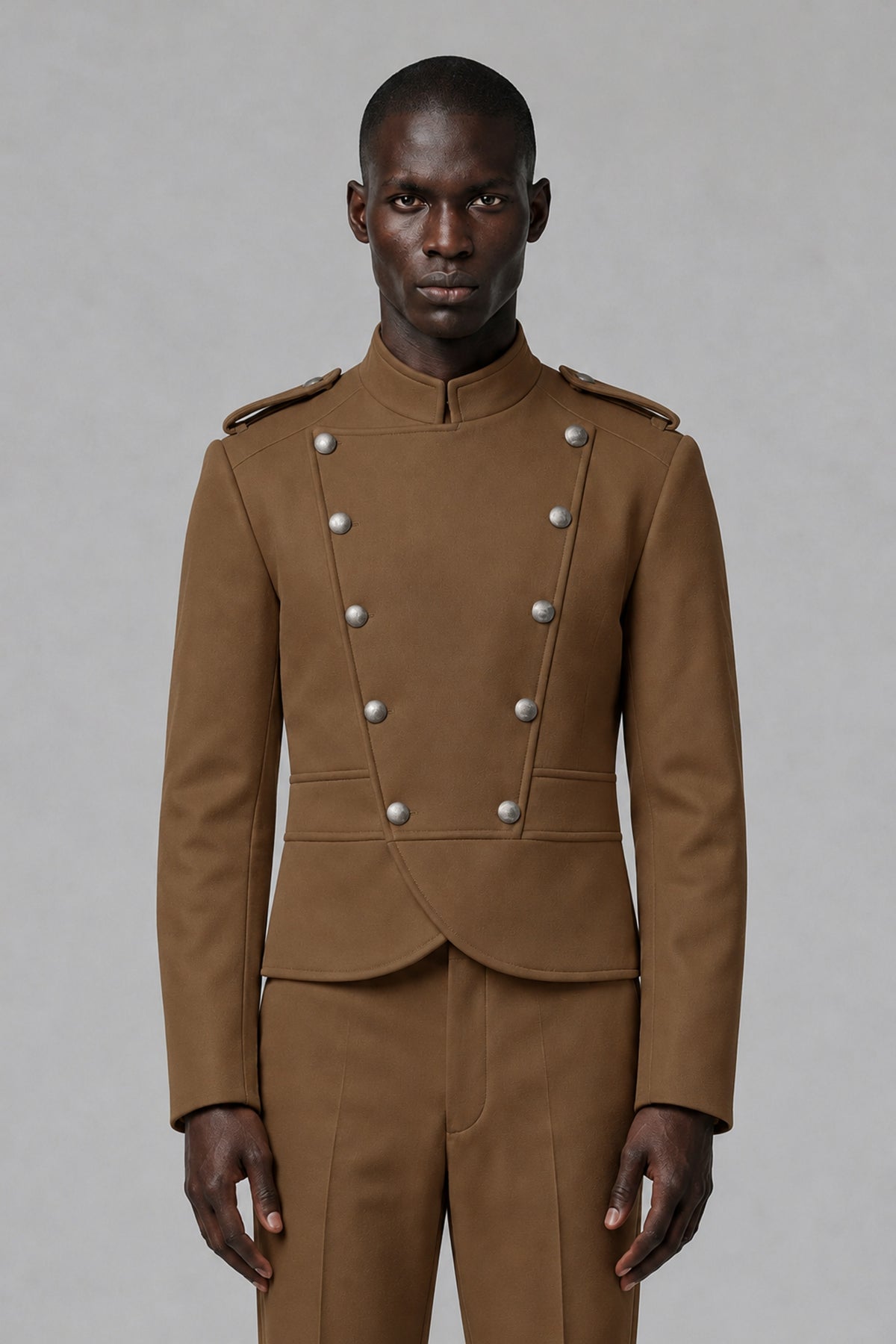 Bolodoo Men's Brown Military-Inspired Two-Piece Suit with Stand Collar - Brown - Brown_1