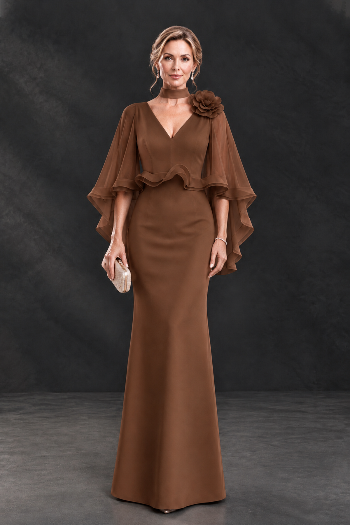 BOLODOO Brown Floral Cape Sleeve Mother of the Bride Dress - Brown - Brown_1