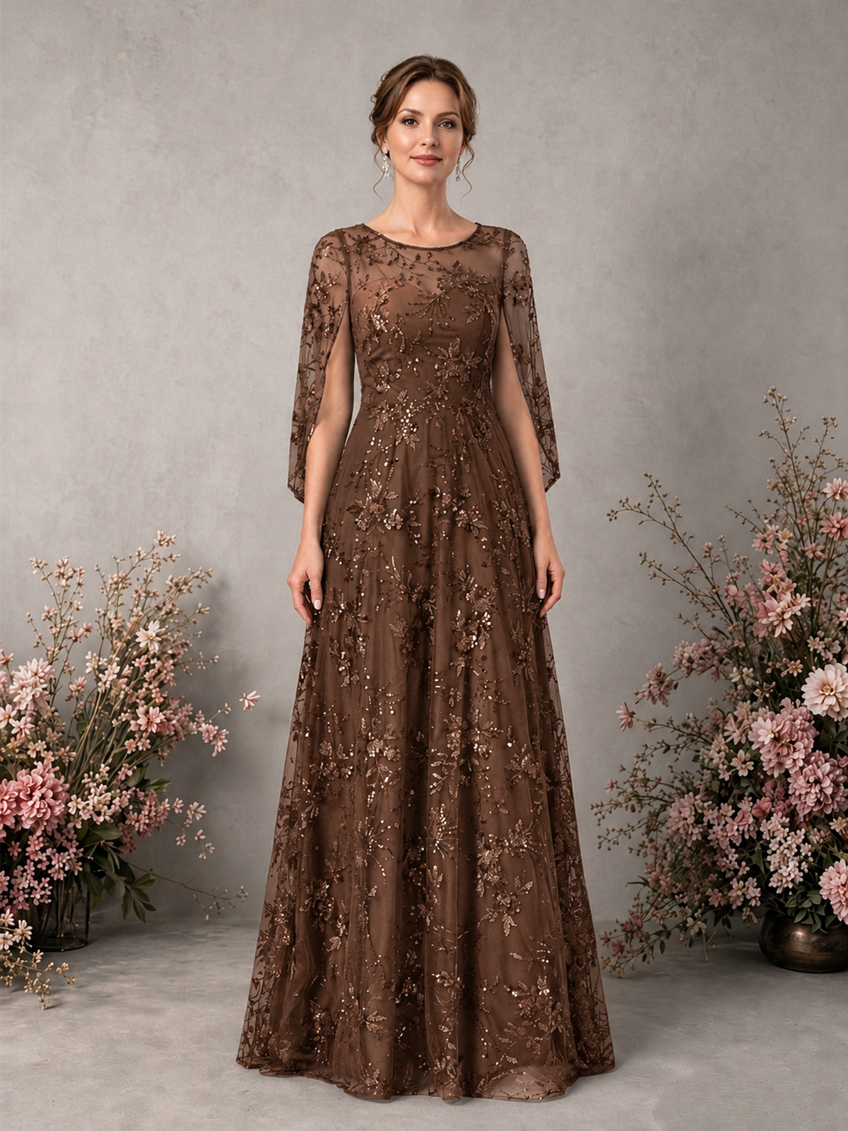BOLODOO Brown Sequin Lace Cape Sleeve Formal Evening Gown - Brown - Brown_1