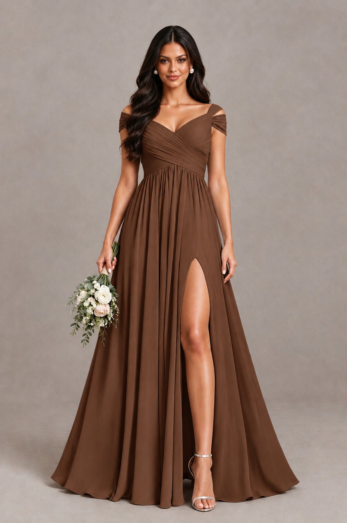 BOLODOO Brown Cold Shoulder Chiffon Evening Dress with V Neck and High Slit - Brown - Brown_1