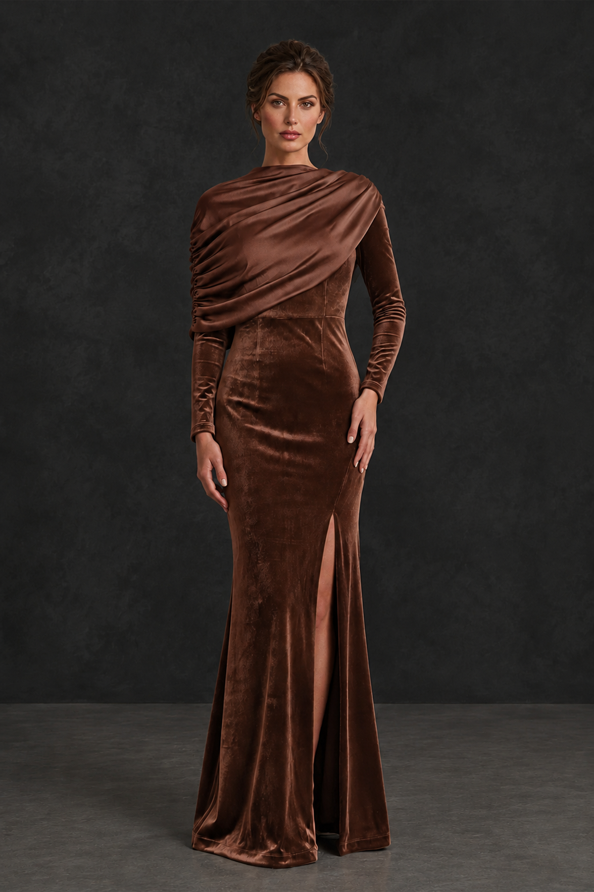 BOLODOO Brown Velvet Long Sleeve Draped Mother of the Bride Dress - Brown - Brown_1