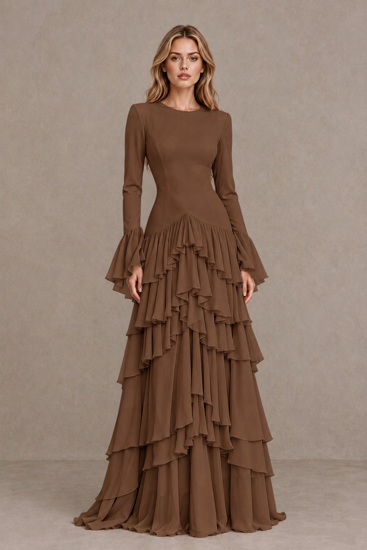 Brown Long Sleeve Tiered Ruffle Evening Gown - Brown - Brown_1
