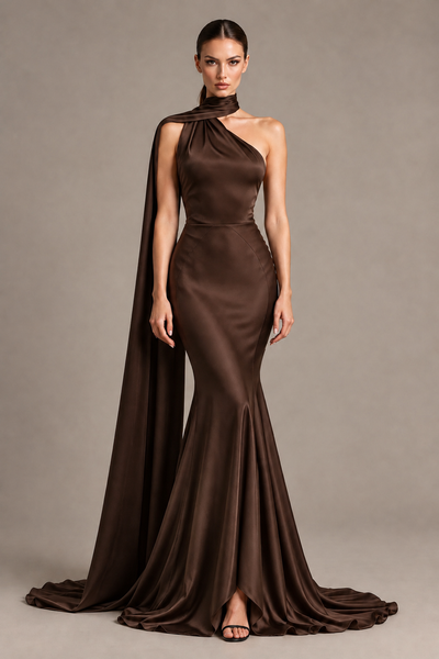 BOLODOO Brown One-Shoulder Satin Mermaid Evening Dress with Scarf - Brown - Brown_1