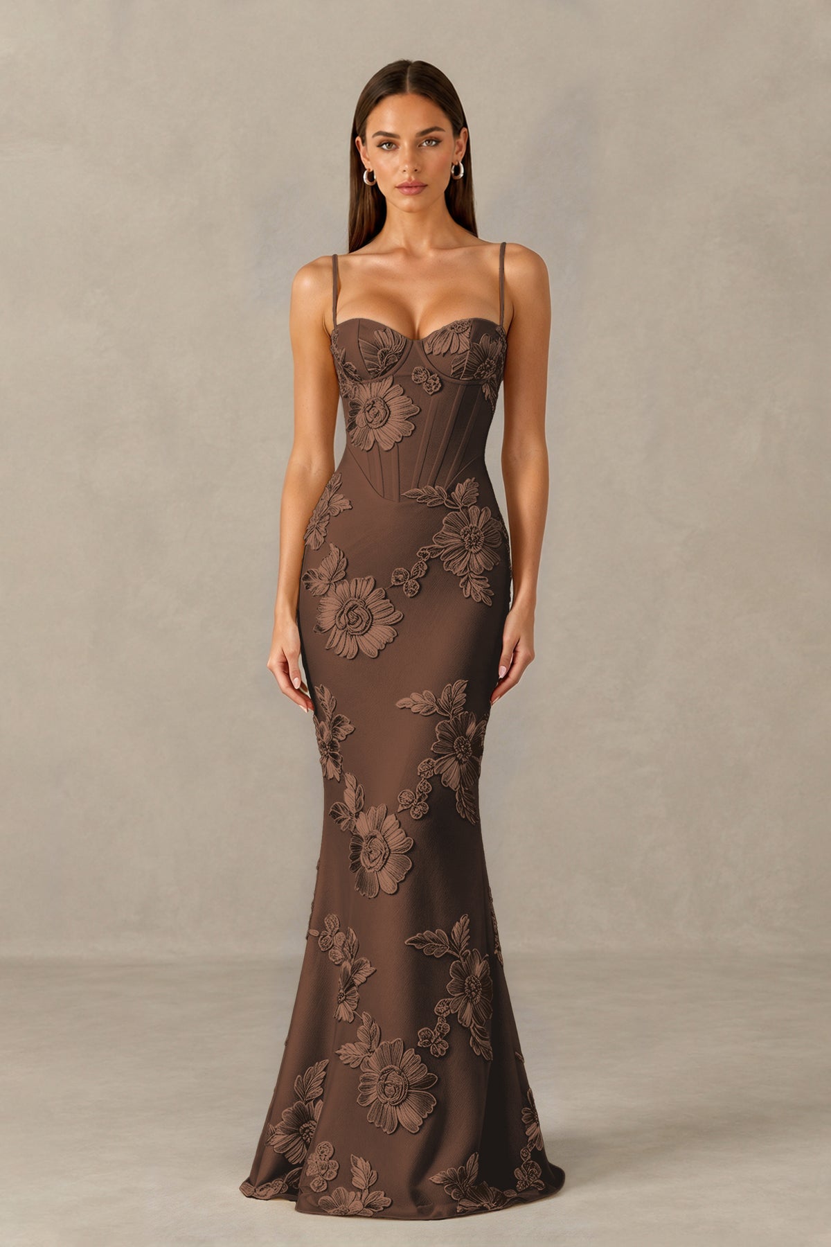 BOLODOO Brown Floral Lace-Up Back Mermaid Maxi Dress - Brown