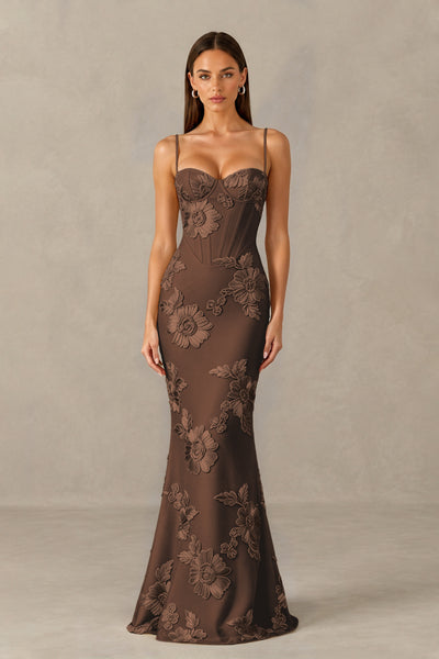 BOLODOO Brown Floral Lace-Up Back Mermaid Maxi Dress - Brown