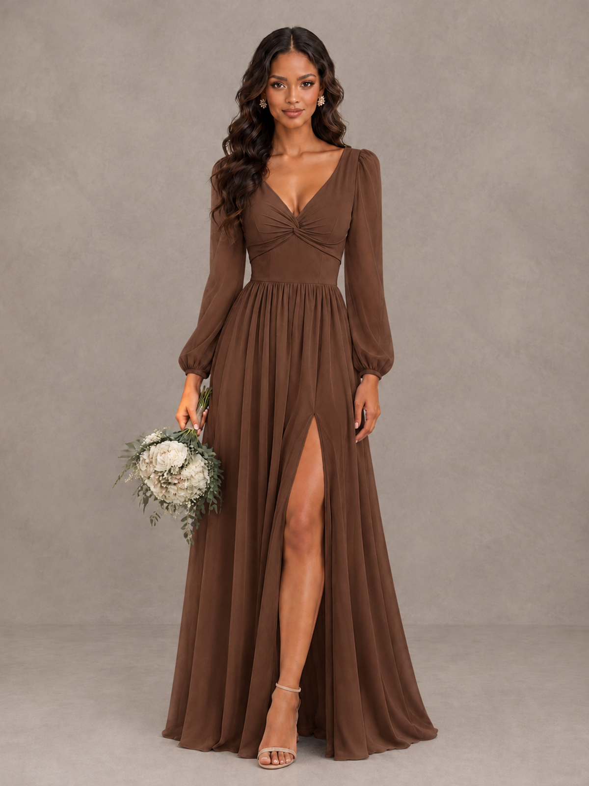 BOLODOO Brown V-Neck Long Sleeve Bridesmaid Dress with Tie Back and Slit - Brown - Brown_1