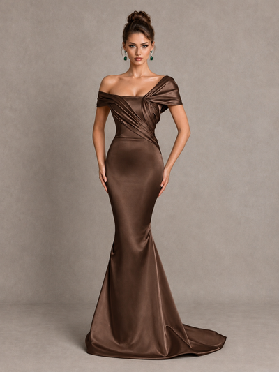 BOLODOO Brown Off-Shoulder Satin Mermaid Prom Dress - Brown - Brown_1