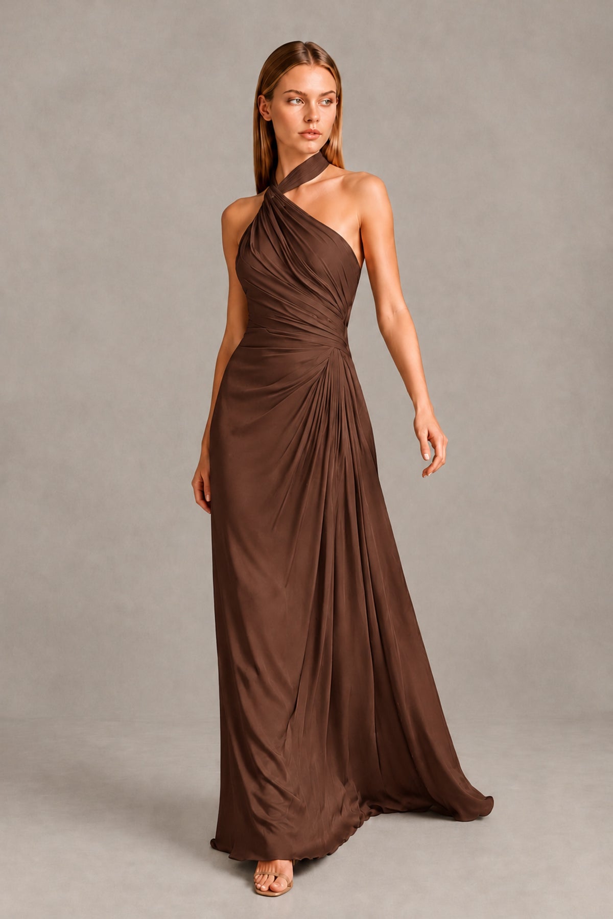 BOLODOO Brown Twisted Halter Neck Ruched Sleeveless Open Back Floor-Length Gown - Brown - Brown_1